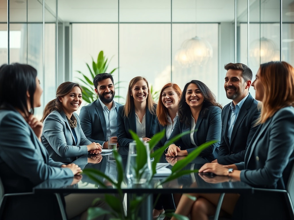 Diverse team of professionals in a modern glass boardroom, natural light, candid laughter, minimalist design with plants, 8k photorealistic, commercial photography style, warm tones.