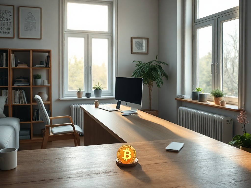 A cinematic wide shot of a minimalist Scandinavian workspace with natural light streaming through large windows, a sleek wooden desk with a single glowing cryptocurrency coin, soft shadows, 8k photorealistic, commercial photography style, high-end.